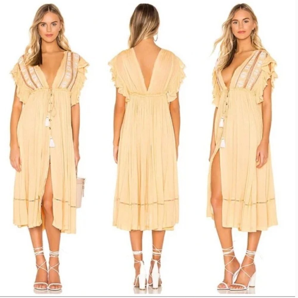 Free People Boho Dreams Deep V Embroidered Creamy Buttercup Midi Dress XS